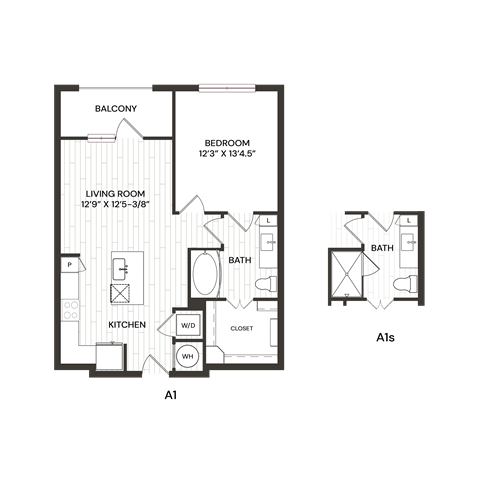 Floor plan for 1 bed, 1 bath, 696 sqft